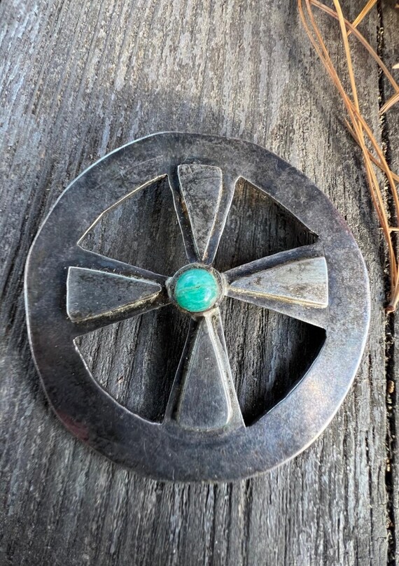 large old sterling turquoise wagon wheel pendant View 2