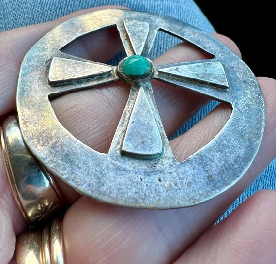 large old sterling turquoise wagon wheel pendant View 4