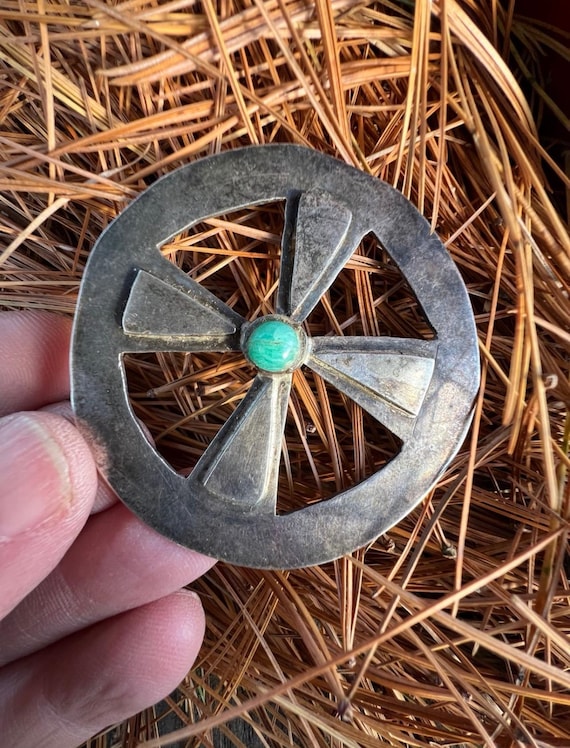large old sterling turquoise wagon wheel pendant