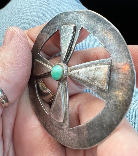 large old sterling turquoise wagon wheel pendant View 6