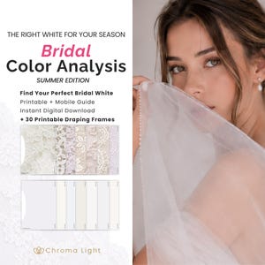 Puede incluir: Una guía digital titulada THE RIGHT WHITE FOR YOUR SEASON Bridal Color Analysis SUMMER EDITION. Incluye una guía imprimible y móvil, descarga digital instantánea y 30 marcos de drapeado imprimibles con encaje y muestras de colores blancos.