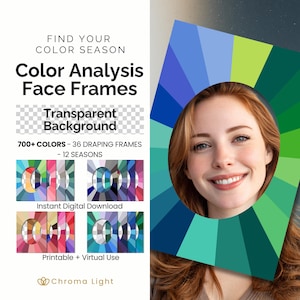 Pode incluir: Uma ferramenta digital de análise de cor com uma moldura retangular e um recorte oval central para o rosto. A moldura exibe um padrão radial de vários tons verdes e azuis. O texto inclui FIND YOUR COLOR SEASON, Color Analysis Face Frames, Transparent Background, 700+ COLORS, 36 DRAPING FRAMES, 12 SEASONS, Instant Digital Download, Printable + Virtual Use e Chroma Light.