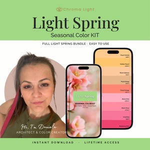 Op de afbeelding: Een digitale Light Spring seizoensgebonden kleurenkit weergegeven op twee smartphones. De schermen tonen een bloemenachtergrond, de tekst Light Spring Seasonal Color Kit en een verticaal kleurenpalet van perzik tot framboosroze.