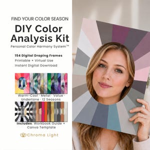Può includere: Un kit di analisi del colore fai-da-te con 154 cornici di drappeggio digitali per l'armonia cromatica personale. Il kit include una guida pratica e un modello Canva. L'immagine mostra una cornice a ruota cromatica con toni grigi, rosa e viola.