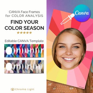 May include: An editable Canva template for color analysis featuring face frames to find your color season. The design includes text reading CANVA Face Frames for COLOR ANALYSIS, FIND YOUR COLOR SEASON, and Editable CANVA Template with a dropper icon.