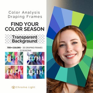 Op de afbeelding: Kleuranalyse draping frames met de tekst Find Your Color Season en Transparent Background. De set bevat 700+ kleuren, 36 draping frames en 12 seizoenen. Een groot frame toont een groen en blauw kleurenwiel rondom een gezicht.