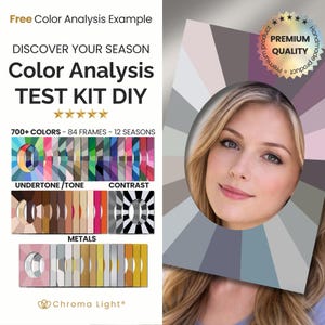 以下が含まれることがあります： 「Free Color Analysis Example」と「Discover Your Season」のテキストが入った、DIYカラー分析テストキット。カラーサンプル、カラーホイール、カラーパレットで囲まれた女性の顔が含まれています。画像には「700+ COLORS - 84 FRAMES - 12 SEASONS」のテキストも含まれています。
