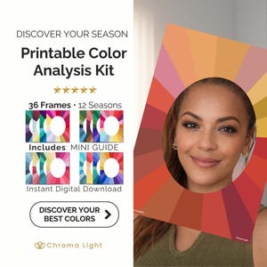 Può includere: Un kit di analisi del colore stampabile con 36 cornici per 12 stagioni e una mini guida. Il testo riporta DISCOVER YOUR SEASON, Printable Color Analysis Kit, 36 Frames, 12 Seasons, Includes: MINI GUIDE, Instant Digital Download, DISCOVER YOUR BEST COLORS e Chroma Light.