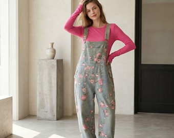 Y2K Embroidered Overalls: Baggy Floral Cargo Dungarees for Women