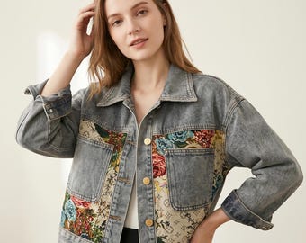 Floral Patchwork Denim Jacket, Boho Cropped Jean Jacket for Women