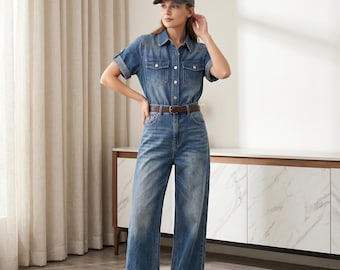 Denim Wide Leg Jumpsuit, Short Sleeve Retro Jean Romper