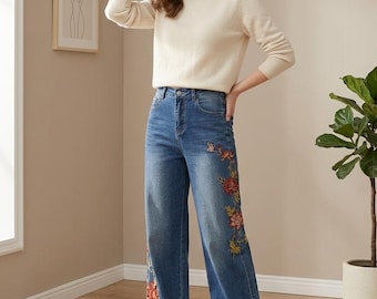 loral Embroidered Jeans, Wide Leg Denim Pants for Women, Boho Gift