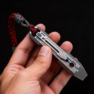 Könnte beinhalten: Ein silbernes und goldenes Multitool mit geometrischem Design, befestigt an einem rot-schwarz-weißen Schlüsselband. Das Werkzeug wird in einer Hand vor schwarzem Hintergrund gehalten. Das Werkzeug hat verschiedene Funktionen.