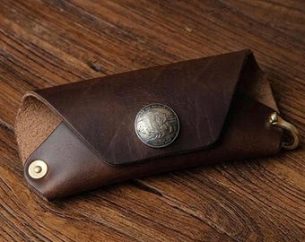 Handmade Horween Chromexcel Leather Glasses Case, Rugged Vintage Eye Wear Sleeve for Men