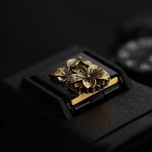 May include: Close-up of a camera's hot shoe cover. The cover is black with a detailed, antique gold-colored floral design. The floral design is the focal point, set against a dark background.