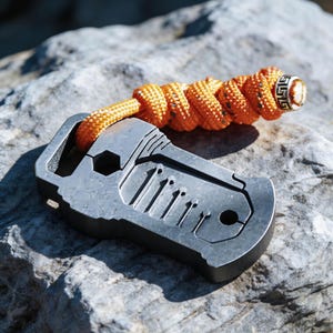 Könnte beinhalten: Ein vielseitiges Werkzeug aus grauem Metall in Schlüsselform mit verschiedenen Aussparungen und einer sechseckigen Öffnung. Ein orangefarbenes Seil mit einer dekorativen Perle ist befestigt. Die Gegenstände liegen auf einem grauen Felsen.