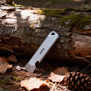 May include: A silver multi-tool featuring a bottle opener, pry bar, and lanyard hole. The rectangular tool has a beveled edge and a matte finish. It rests on pine needles and leaves near a log, in a natural setting.