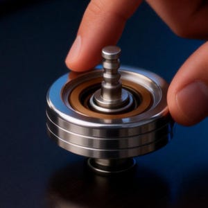 Könnte beinhalten: Ein silberner Metallkreisel mit gerilltem Design und einem zentralen Pfosten. Der Kreisel hat eine kreisförmige Basis und wird von einem Finger gedreht. Der Kreisel hat einen bronzefarbenen Ring um die Mitte.