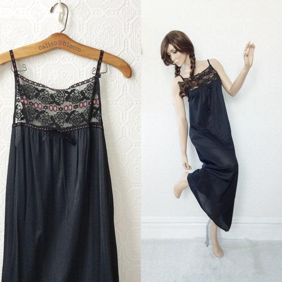 Black Pink Floor Length Nightie Black Lace Spaghetti Etsy