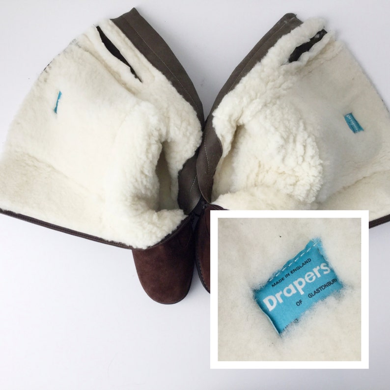 Fur Lined Platform High Heels Side Zip British Made British Made 1960/'s Shearling Boots Dark Brown Suede NOS by Drapers Size 6