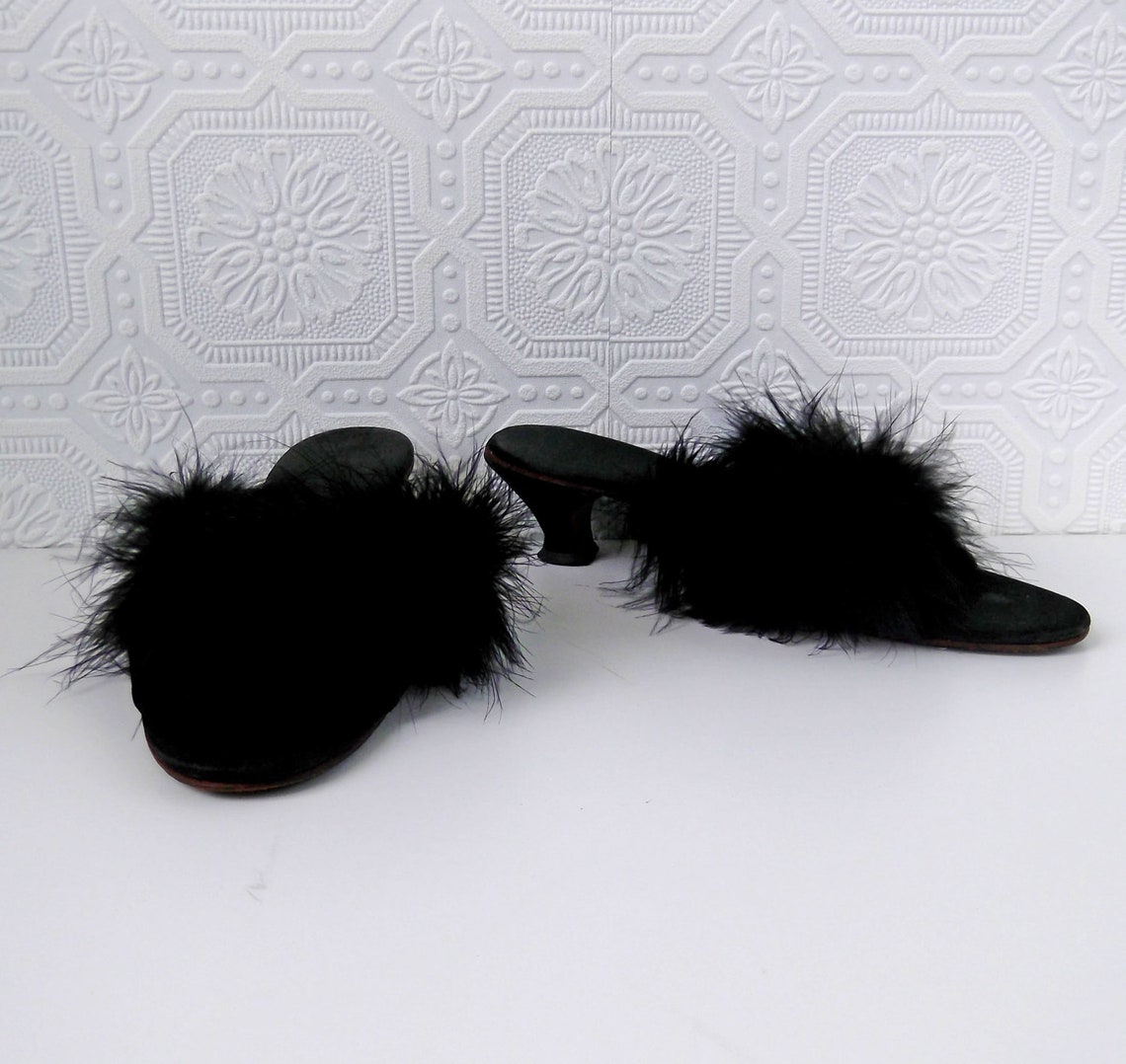 Black Feather Slippers Satin Marabou Kitten-heel Pumps size | Etsy