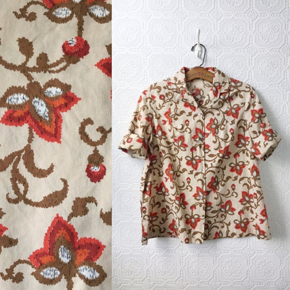 1950's Button-down Shirt, Cotton, Beige with Red,