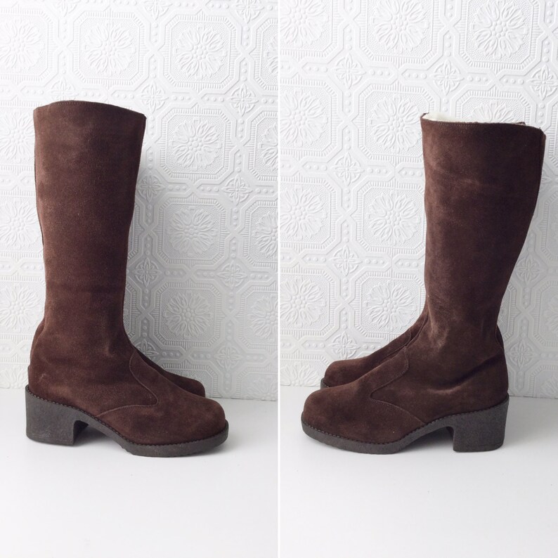 Fur Lined Platform High Heels Side Zip British Made British Made 1960/'s Shearling Boots Dark Brown Suede NOS by Drapers Size 6
