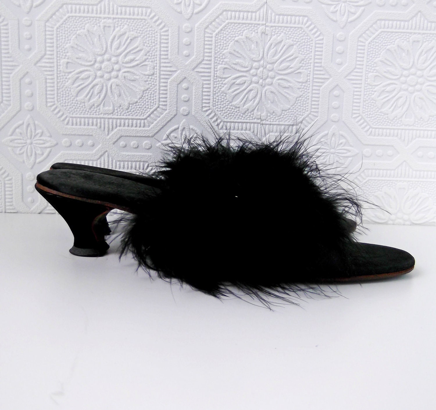Black Feather Slippers Satin Marabou Kitten-heel Pumps size | Etsy