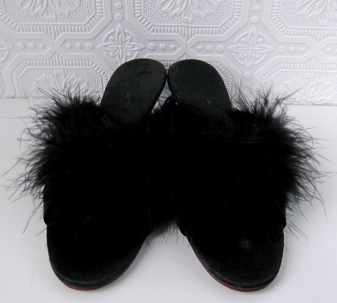 Black Feather Slippers Satin Marabou Kitten-heel Pumps size | Etsy