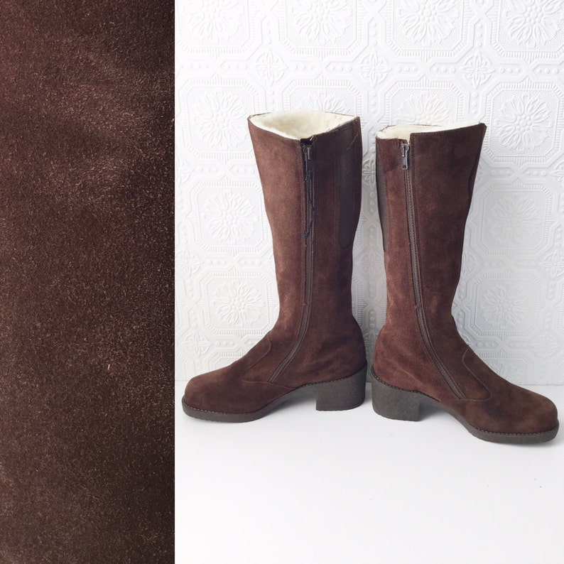 Fur Lined Platform High Heels Side Zip British Made British Made 1960/'s Shearling Boots Dark Brown Suede NOS by Drapers Size 6