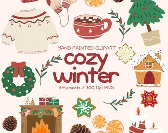 May include: Hand-painted "Cozy Winter" clipart featuring a collection of winter-themed illustrations. Includes a sweater, mittens, a mug of hot chocolate, a Christmas tree, a wreath, a fireplace, gingerbread cookies, pine cones, orange slices, and candles.