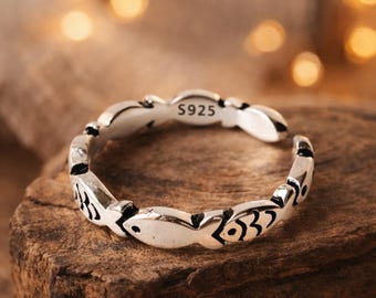 925 Sterling Silver Fish Ring, Adjustable Animal Band