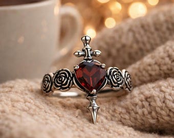 925 Sterling Silver Heart Cross Ring, Amethyst Topaz Garnet Rose Gothic Adjustable Band Gift