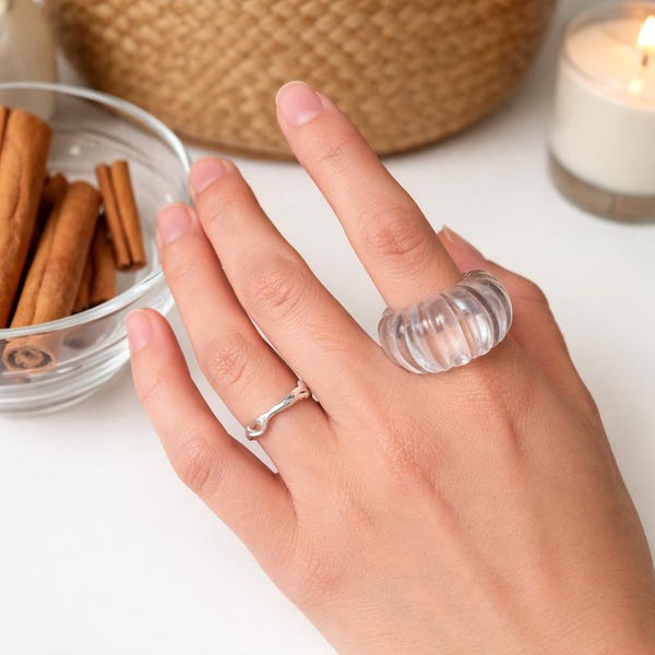 Chunky Ribbed Resin Ring, Bold Geometric Acrylic Statement Ring, Minimalist Fashion Jewelry