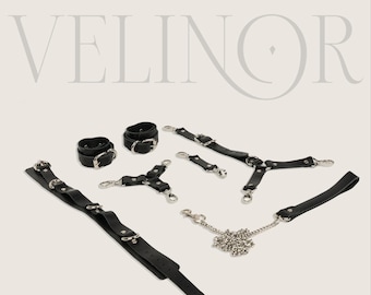 Black Leather BDSM Set Personalized Collar Cuffs Leash Bondage Kit Adjustable