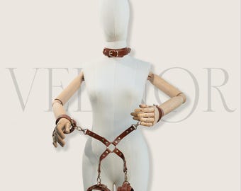 Brown Leather Bondage Restraint Set Wrist Ankle Cuffs Connector System Minimal BDSM Kit