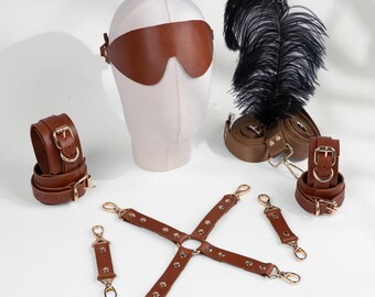 Personalized Leather BDSM Gift Box for Couples – Brown Restraint Set, Blindfold, Feather Tickler, Sensory Kit