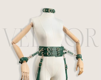 Green Leather Bondage Sets, Restraint Fetish Kit, Hand Thigh Cuff, Collar, BDSM Waist Belt