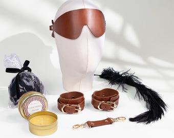 Personalized Leather Sensory Set Blindfold Cuffs Feather Tickler Massage Candle Gift Box
