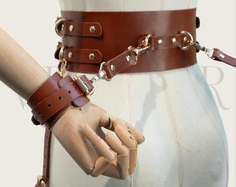 Handmade Brown Leather Wrist and Ankle Cuffs Set – Gold Hardware Cosplay Costume