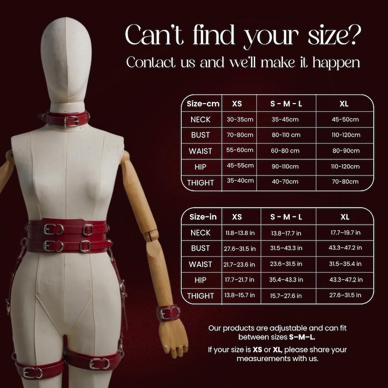 May include: A mannequin wearing a red leather harness set, including a neck collar, waist belt, and thigh straps. The image includes a size chart in inches and centimeters, with measurements for neck, bust, waist, hip, and thigh.