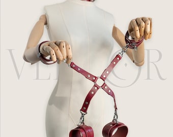 Burgundy Genuine Leather Restraint Set Wrist Ankle Cuffs Four Way Connector BDSM System