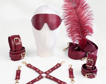 Burgundy Leather Bondage Gift Box 4 Point Restraint Set Blindfold Feather Kit