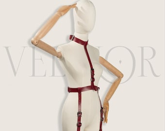 Red Leather BDSM Harness Bodysuit Strappy Bondage Lingerie Adjustable Body Cage