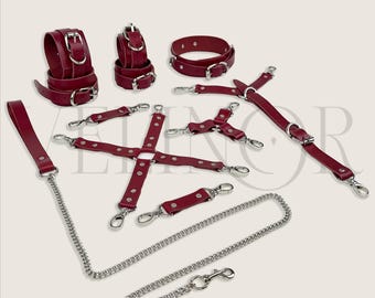 Personalized Burgundy Leather Bondage Harness Set Collar Cuffs Straps Full Restraint Kit