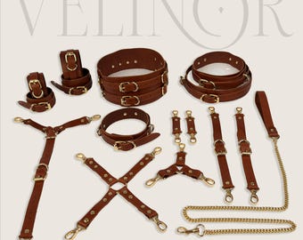 Brown Leather Cuffs Set, Padded Restraints, Ankle, Wrist, Thigh Cuffs with Collar