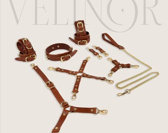 Luxury Leather Restraint Kit, Adjustable BDSM Cuffs, Cosplay Harness Set, Handmade Costume Collar