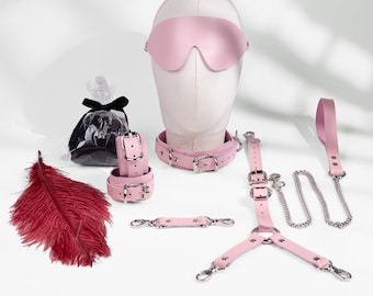 Personalized Pink Leather Bondage Set Feather Mask Massage Oil Candle BDSM Gift Box