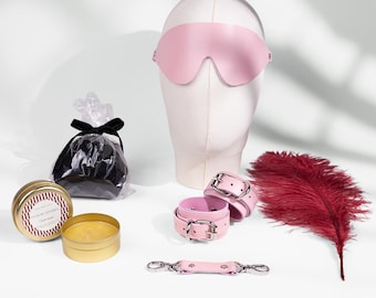 Pink Leather BDSM Gift Box Personalized Name Massage Candle Body Oil Cuffs Blindfold Feather Set