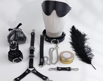 Black Leather BDSM Gift Box Personalized Name Choker Cuff Set Feather Kit